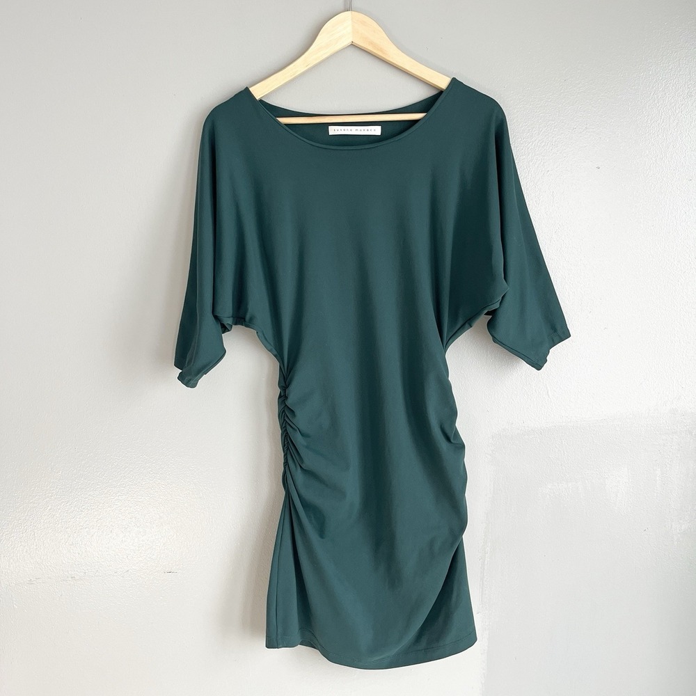 Susana Monaco Dark Green Ruched Shirt Dress Bodycon Dolman Sleeve Size Small